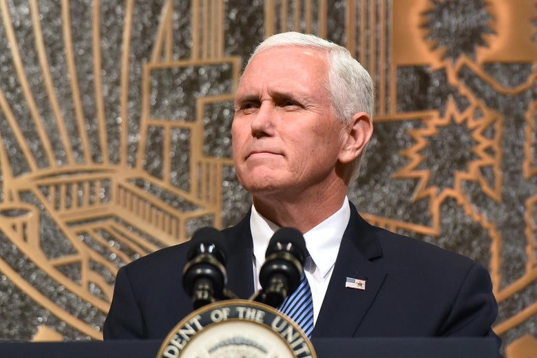 LAS VEGAS, NV - OCTOBER 07: U.S. Vice President Mike Pence speaks at the culmination of a faith unity walk, held to help the community heal after Sunday's mass shooting, at Las Vegas City Hall on October 7, 2017 in Las Vegas, Nevada. On October 1, Stephen Paddock killed at least 58 people and injured more than 450 after he opened fire on a large crowd at the Route 91 Harvest country music festival. The massacre is one of the deadliest mass shooting events in U.S. history. (Photo by Ethan Miller/Getty Images)